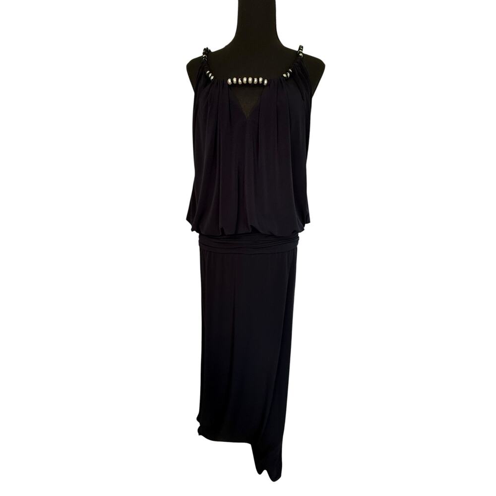 David Meister Navy Beaded Evening Gown Formal Maxi Dress Sleeveless Size 12